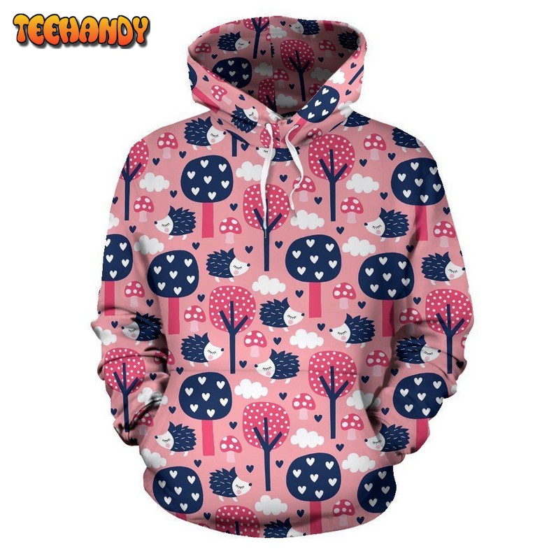 Pink Mushroom Three Hedgehogs Pattern Print All Over 3D Hoodie