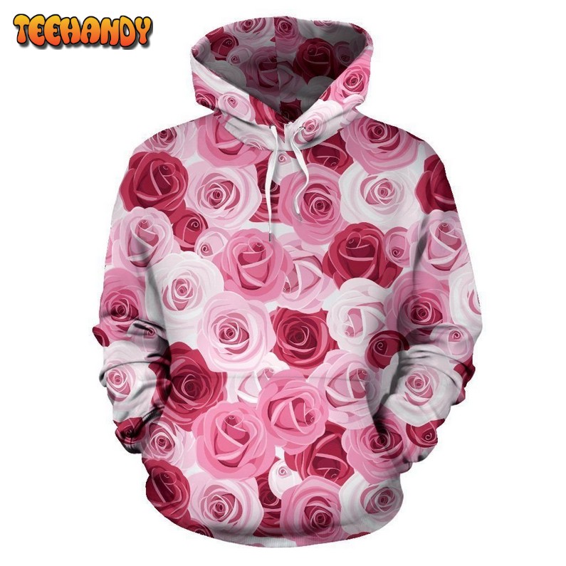 Pink Red Rose Pattern Print Pullover 3D Hoodie