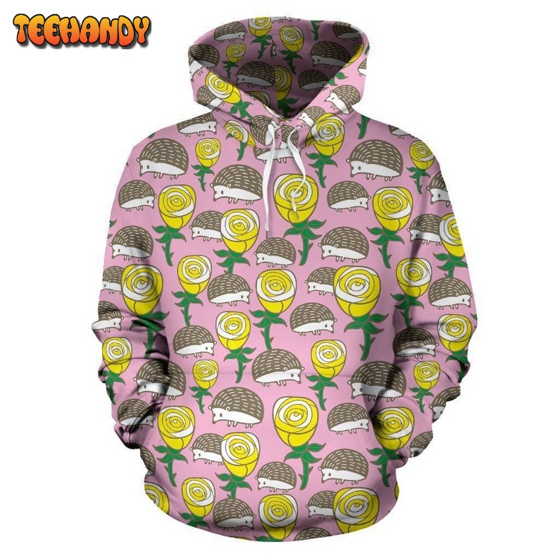 Pink Rose Hedgehogs Pattern Print All Over Graphic 3D Hoodie