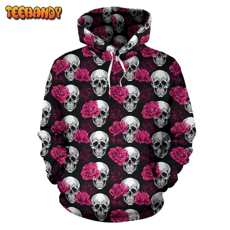 Pink Rose Skull Themed Print Pullover 3D Hoodie