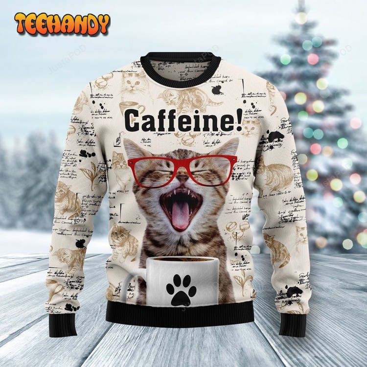 Red Glasses Cat Caffeine Ugly Christmas Sweater