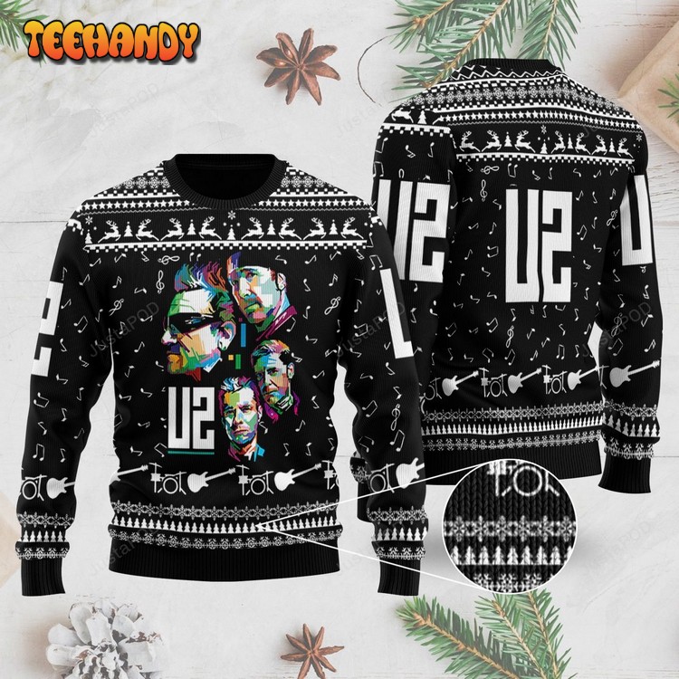 Rock Music U2 Band With Music Notes And Instruments Ugly Sweater