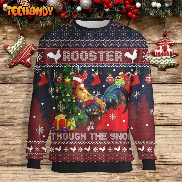 Rooster Through The Snow Red Navy Ugly Christmas Sweater