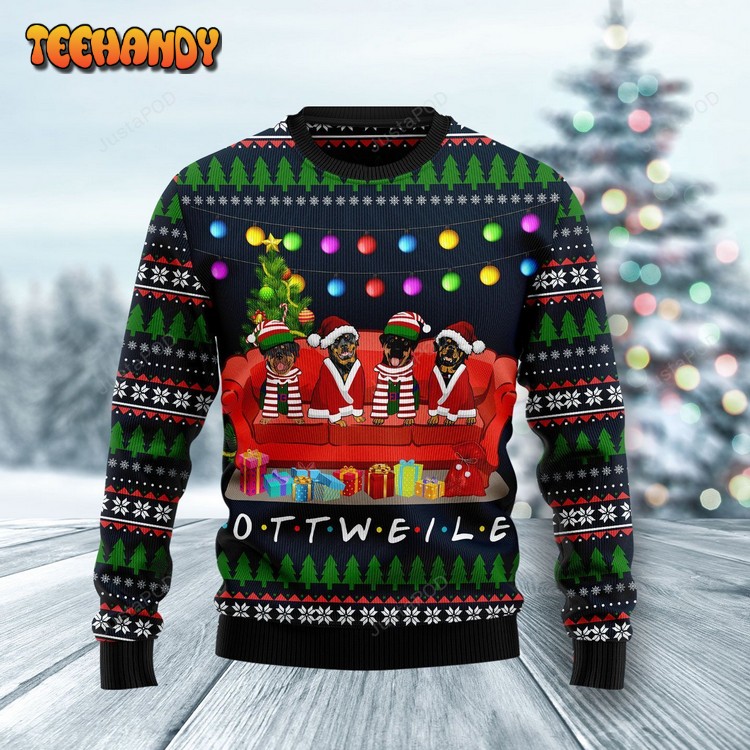 Rottweiler Friends On Red Sofa Ugly Christmas Sweater, Ugly Sweater