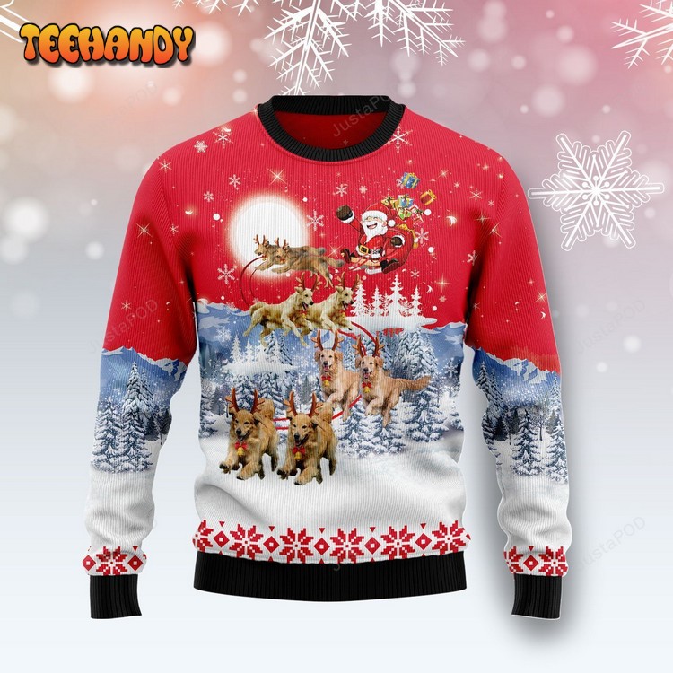 Santa Sleigh Golden Retriever Ugly Christmas Sweater