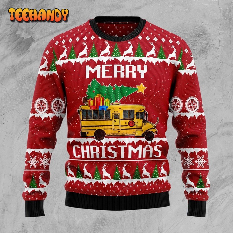 School Bus Bringing Pine Tree For A Merry Christmas Ugly Sweater