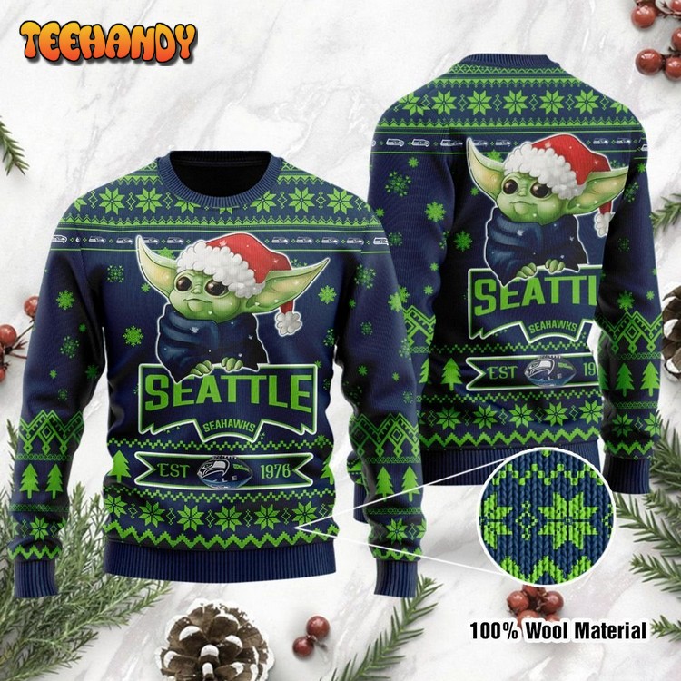 Seattle Seahawks Cute Baby Yoda Grogu Holiday Party Ugly Sweater