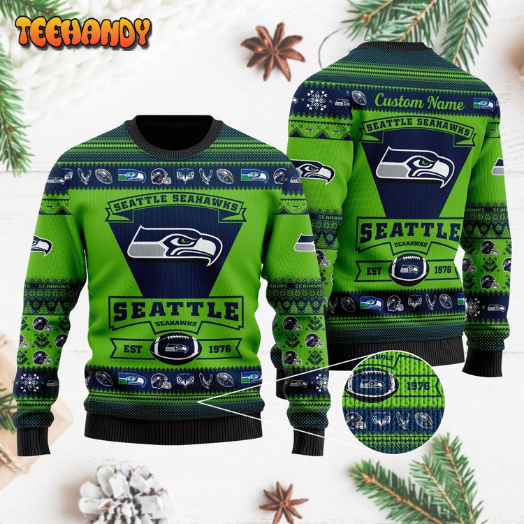 Seattle Seahawks Football Team Logo Custom Name Ugly Sweater