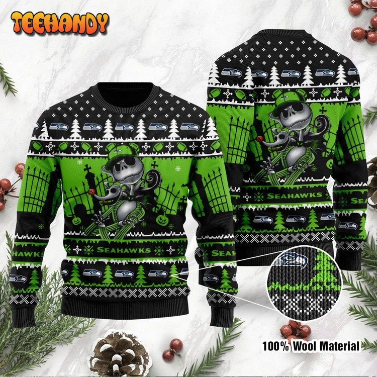 Seattle Seahawks Jack Skellington Halloween Holiday Party Ugly Sweater