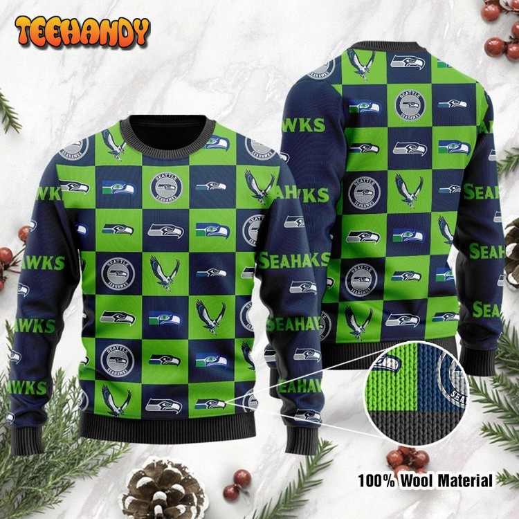 Seattle Seahawks Logo Checkered Flannel Design Ugly Sweater