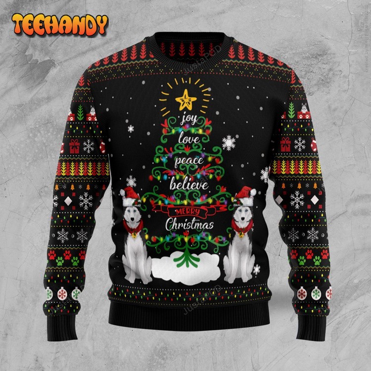 Siberian Husky Joy Love Peace Believe Ugly Christmas Sweater