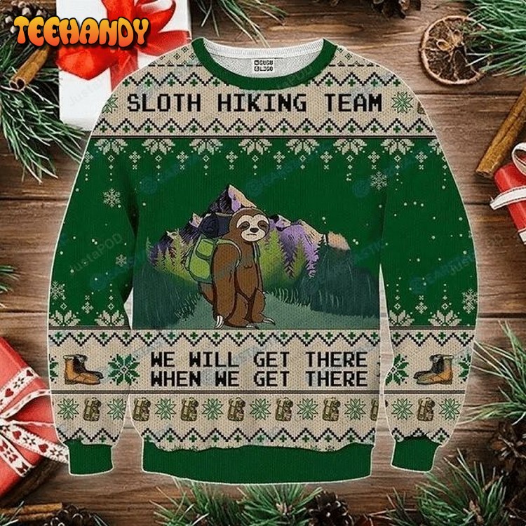 Sloth Hiking Team Green Ugly Christmas Sweater