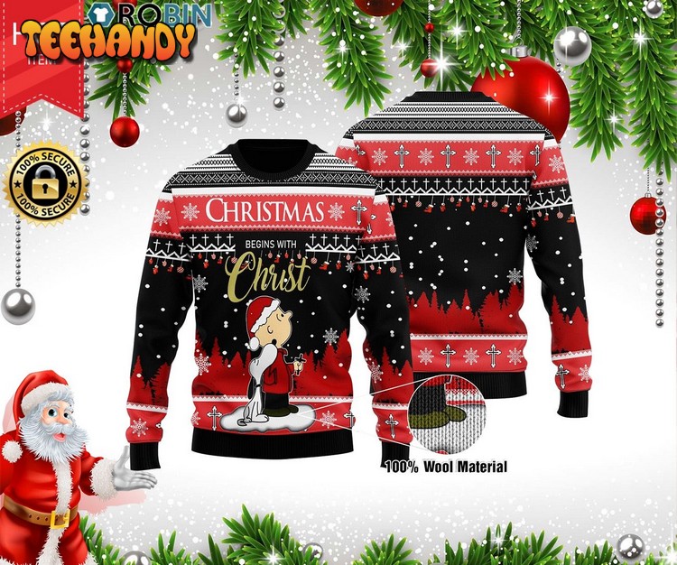 Snoopy Christmas Begins With Christ Woolen Sweater, Ugly Sweater