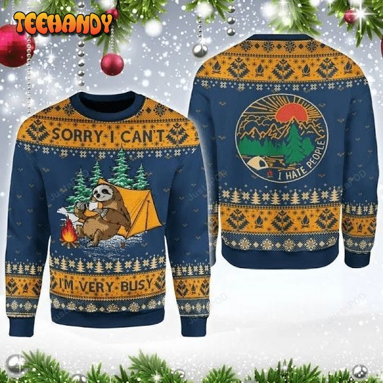 Sorry I can’t Lazy Sloth Navy Blue Ugly Christmas Sweater