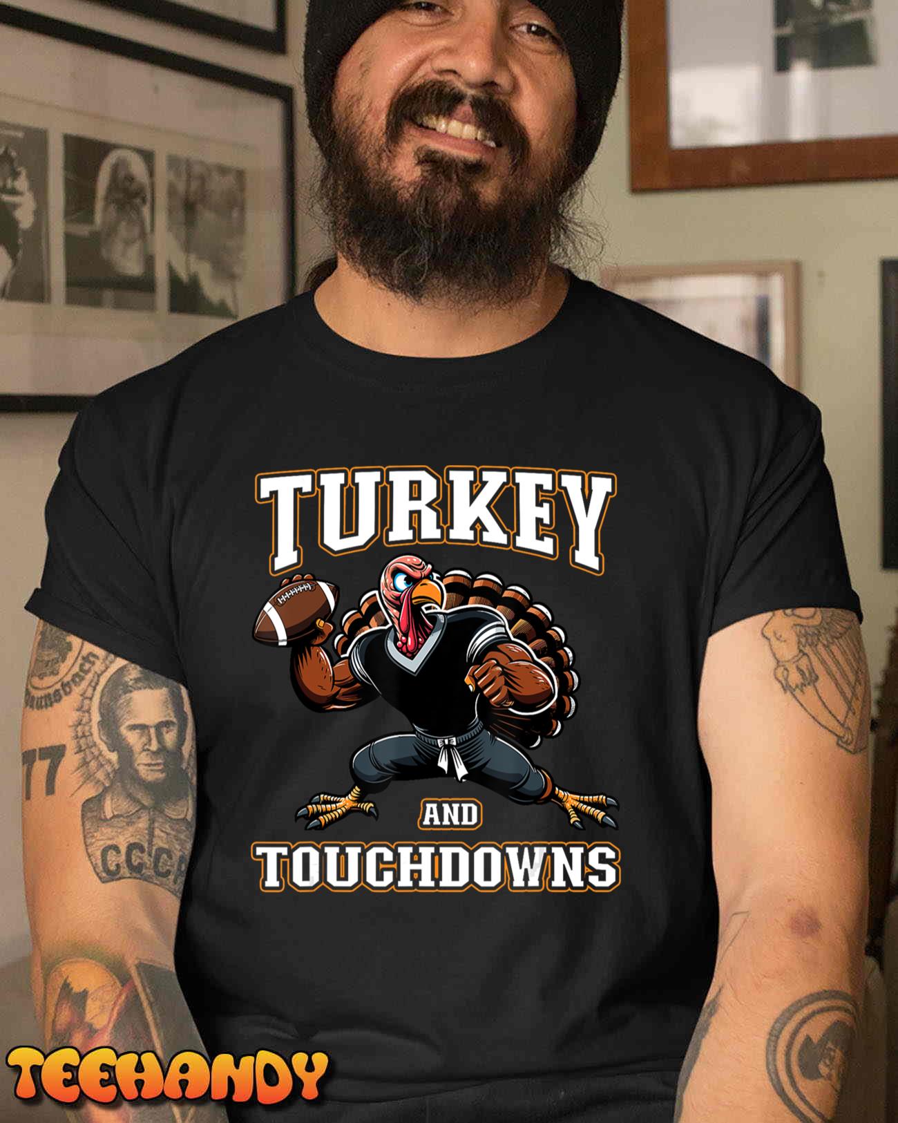 Thanksgiving Shirt for Boys Turkey and Touchdowns Youth Men T-Shirt