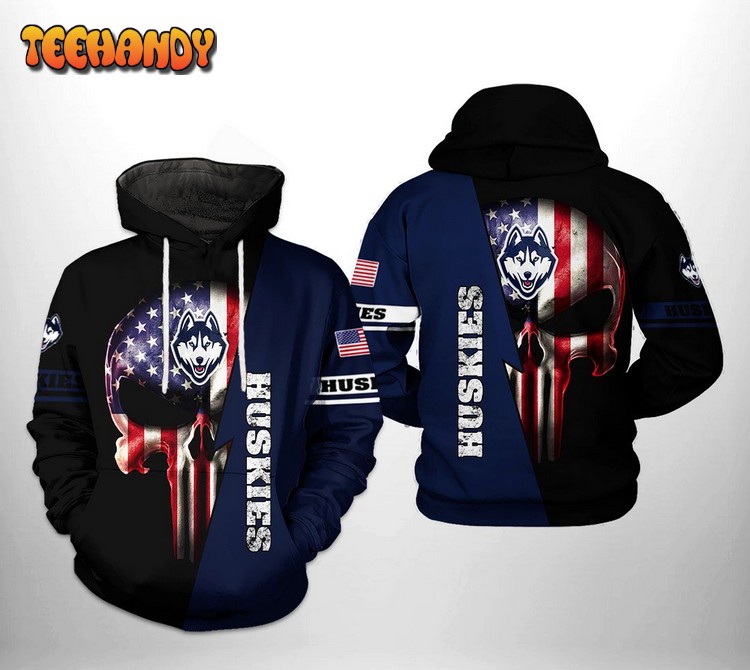 UConn Huskies NCAA US Flag Skull 3D Printed Hoodie Zipper Hoodie