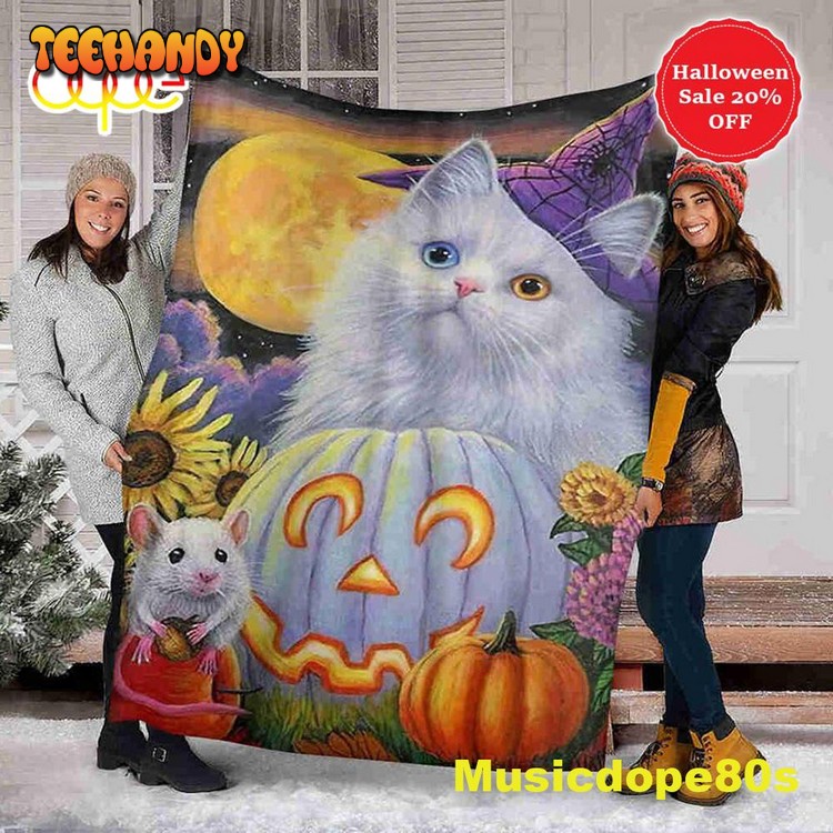 White Cat and Pumpkin Halloween Sofa Fleece Throw Blanket