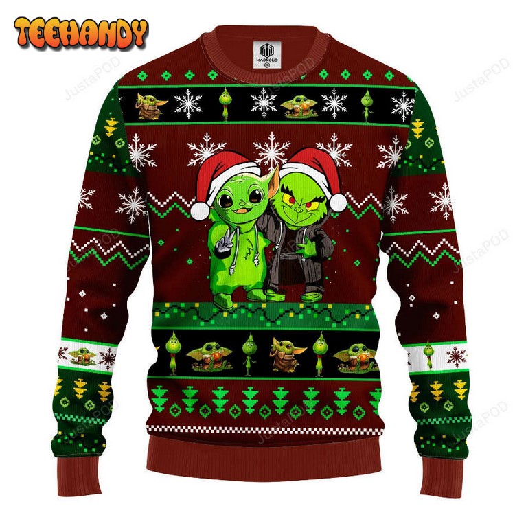 Yoda And Grinch Ugly Christmas Sweater Brown Green