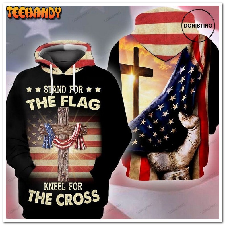 4th Of July Independence America Stand The Flag Kneel For The Cross Pullover 3D Hoodie