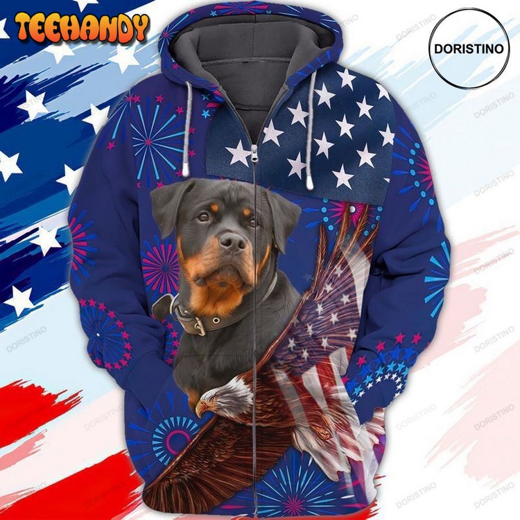 4th Of July Independence Day American Rottweiler Fireworks Dog Pullover 3D Hoodie