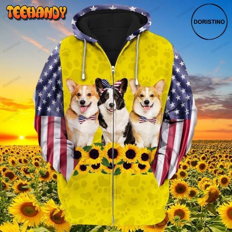 4th Of July Independence Day Corgi Lovers Sunflowers Limited Edition Pullover 3D Hoodie