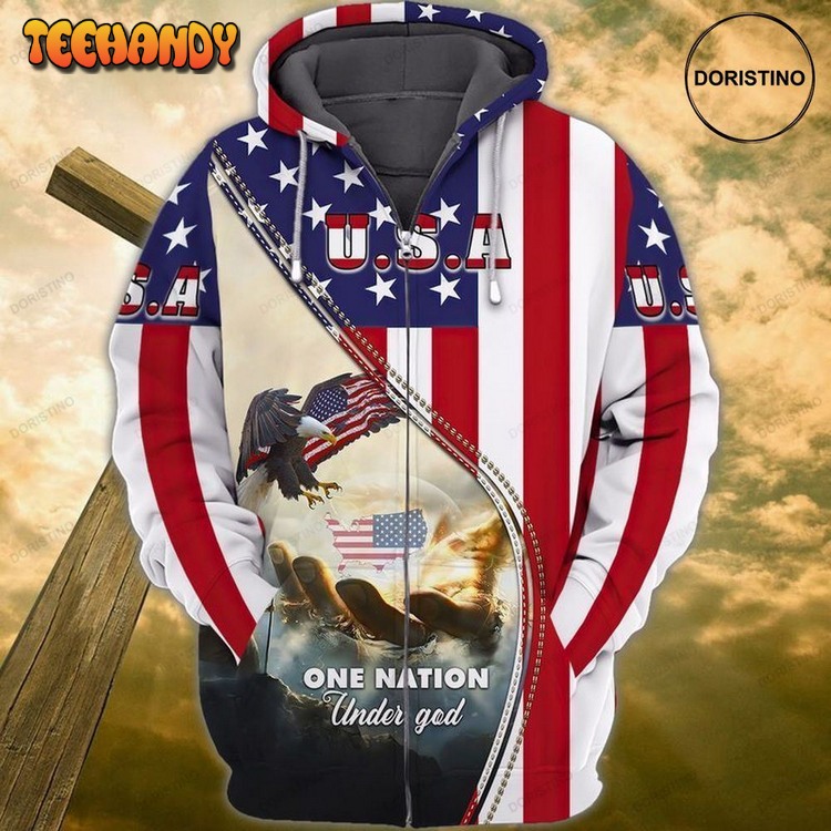 4th Of July Independence Day One Nation Under God American Eagle Pullover 3D Hoodie