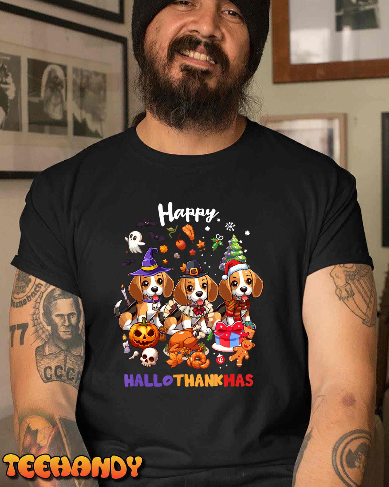 Beagle Dog Christmas Happy Hallothankmas Thanksgiving Dogs T-Shirt