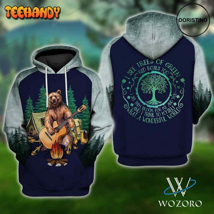 Bear Guitar I See Trees Of Green Camping Awesome Pullover 3D Hoodie