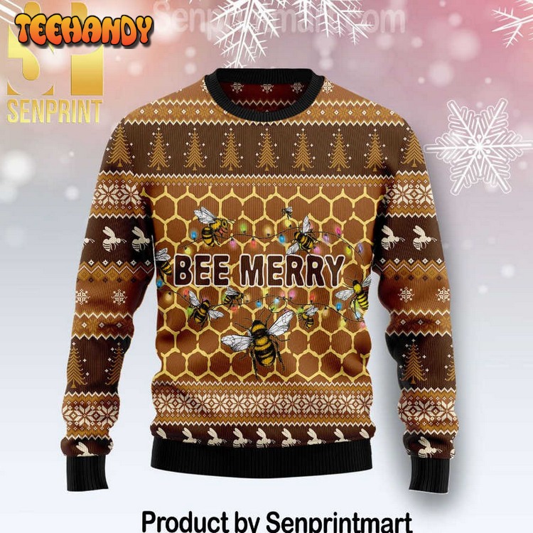 Bee Merry Chirtmas Gifts Full Printing Wool Knitted Ugly Sweater