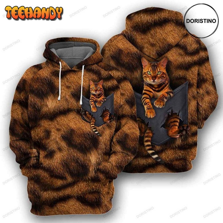 Bengal Cat Pocket Ed Cat Lovers All Over Print Pullover 3D Hoodie