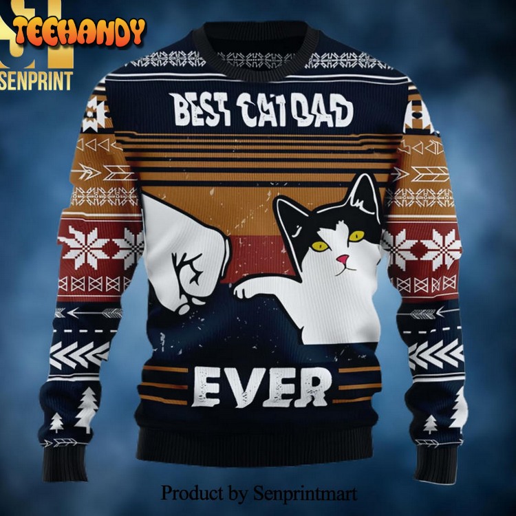 Best Cat Dad Ever Christmas Ugly Wool Knitted Sweater