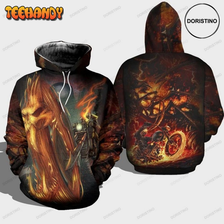 Biker Skeleton On Fire Ride Motorcycle Pullover 3D Hoodie