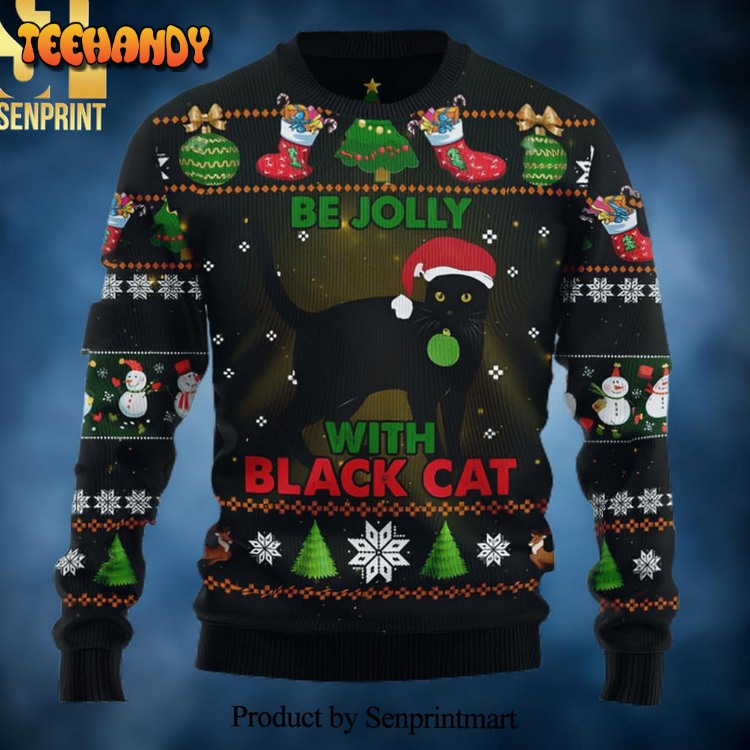 Black Cat Be Jolly Ugly Xmas Wool Knitted Sweater