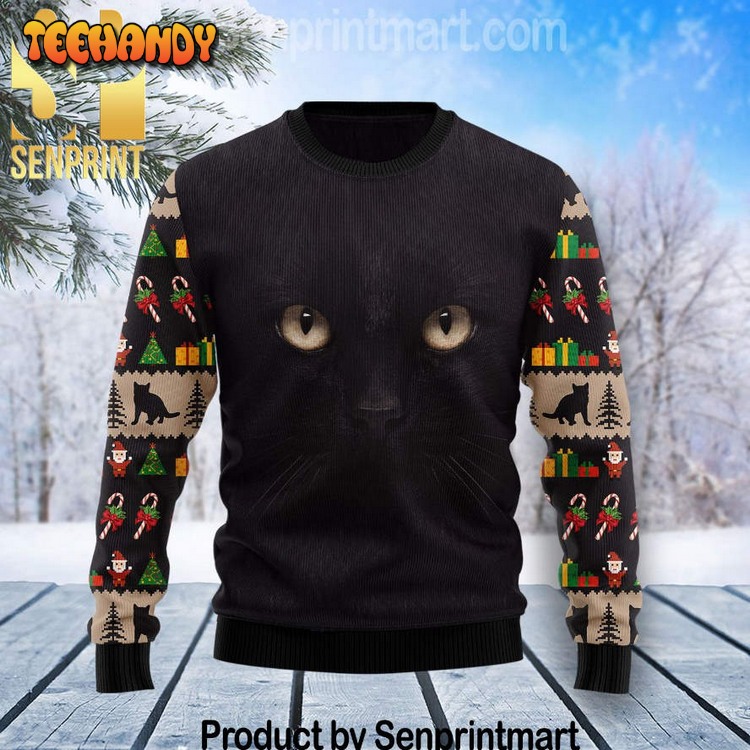 Black Cat Cute Face Holiday Ugly Xmas Sweater