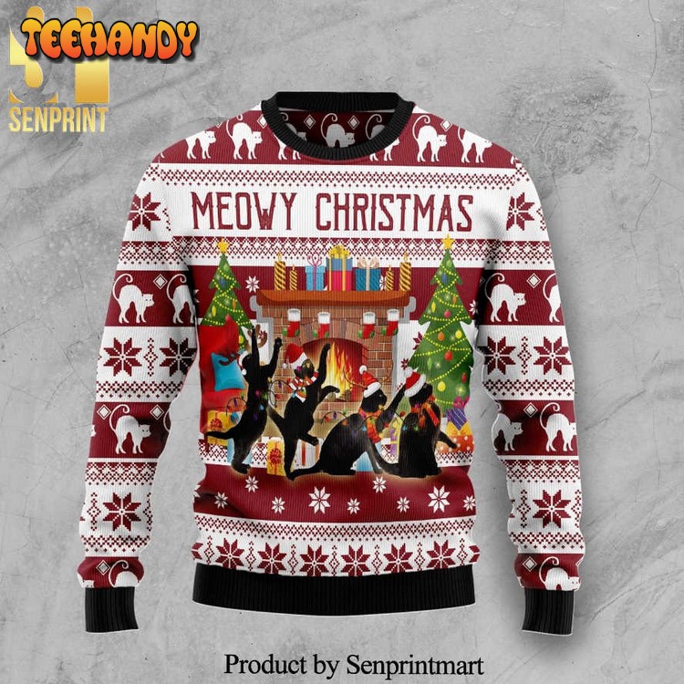 Black Cat Dancing Meowy Christmas Knitted Ugly Xmas Sweater