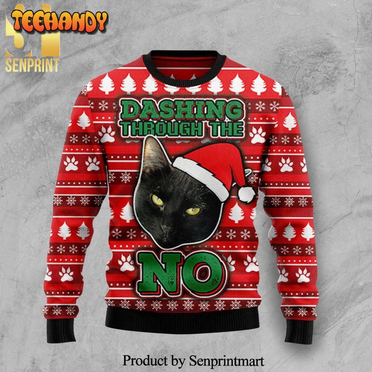 Black Cat Dashing Through The No Knitted Ugly Xmas Sweater