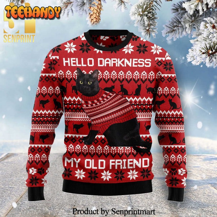 Black Cat Hello Darkness My Old Friend Knitted Ugly Xmas Sweater