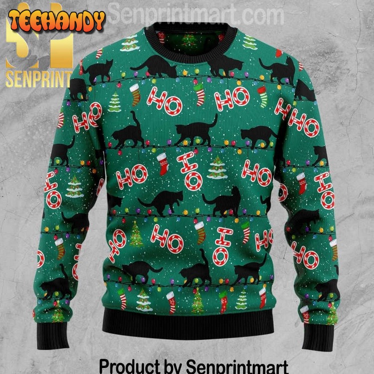 Black Cat Ho Ho Ho 3D Holiday Knit Xmas Sweater
