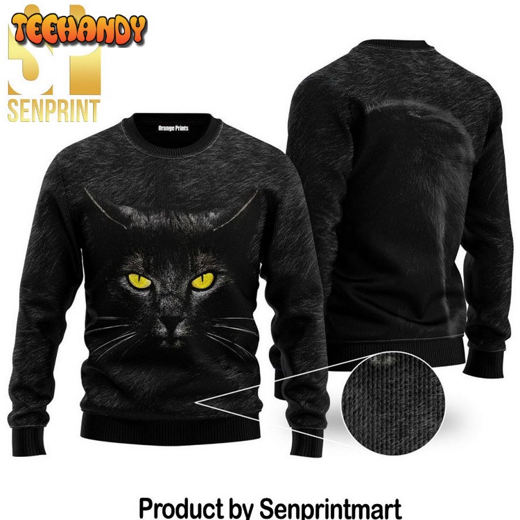 Black Cat Holiday Gifts Full Print Knitting Wool Xmas Sweater