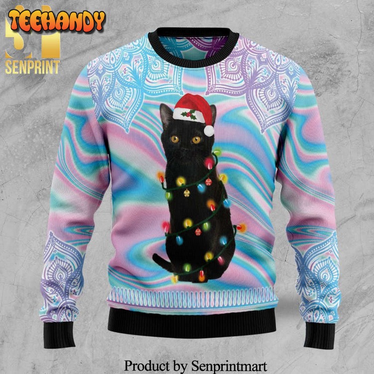 Black Cat Hologram And Mandala Pattern Knitted Ugly Xmas Sweater