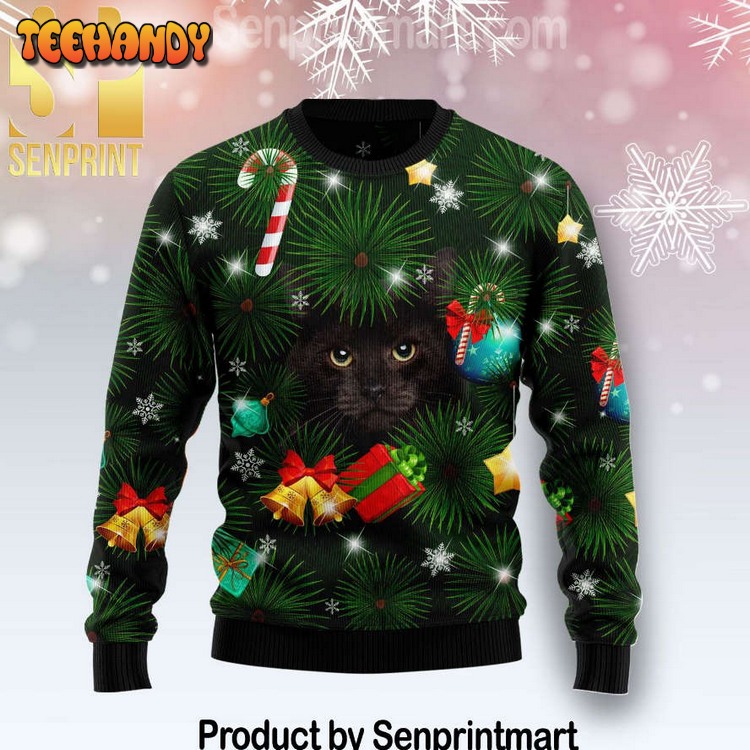 Black Cat Inside Tree Full Print Ugly Christmas Xmas Sweater