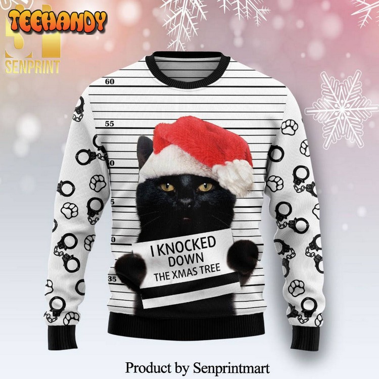 Black Cat Knocked Down The Xmas Tree Knitted Ugly Xmas Sweater