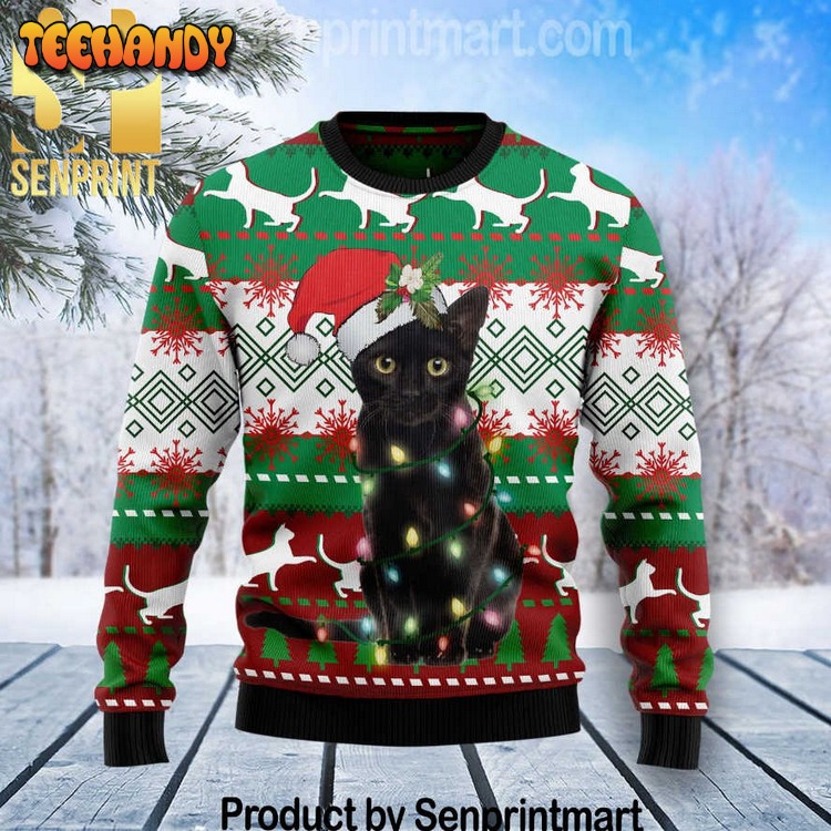 Black Cat Light Christmas Chirtmas Gifts Full Printing Wool Xmas Sweater
