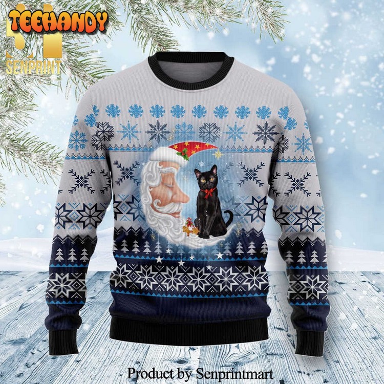 Black Cat Love Santa Moon Knitted Ugly Xmas Sweater