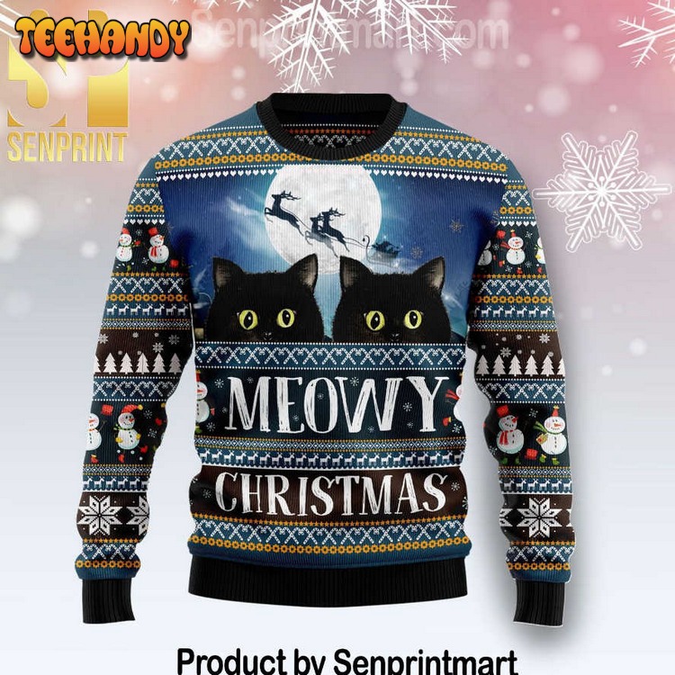 Black Cat Meowy Christmas All Over Printed Xmas Knitted Sweater
