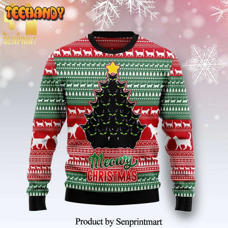 Black Cat Meowy Xmas Tree Knitted Ugly Xmas Sweater