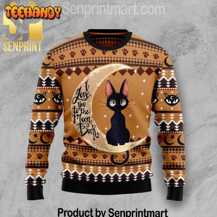 Black Cat Moon And Back Xmas Gifts Full Printed Wool Ugly Xmas Sweater