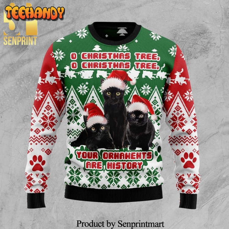Black Cat Oh Christmas Tree Knitted Ugly Xmas Sweater