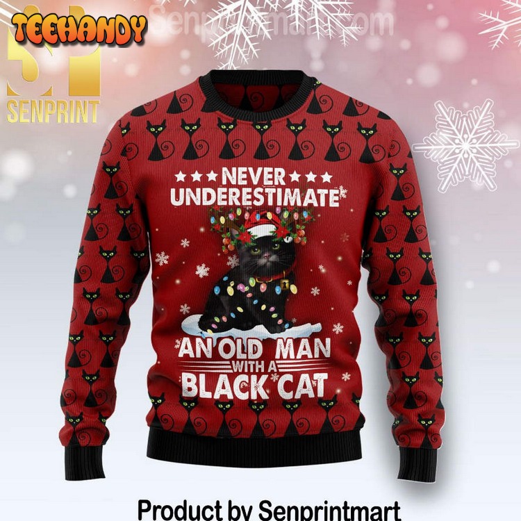 Black Cat Old Man Full Printed Ugly Wool Xmas Sweater