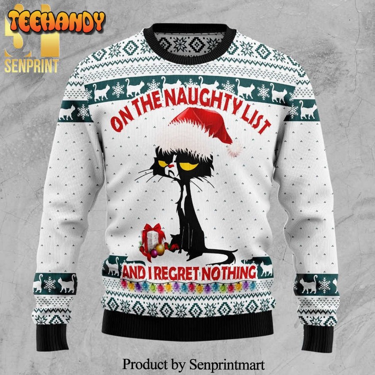 Black Cat On The Naughty List And I Regret Nothing Knitted Ugly Xmas Sweater